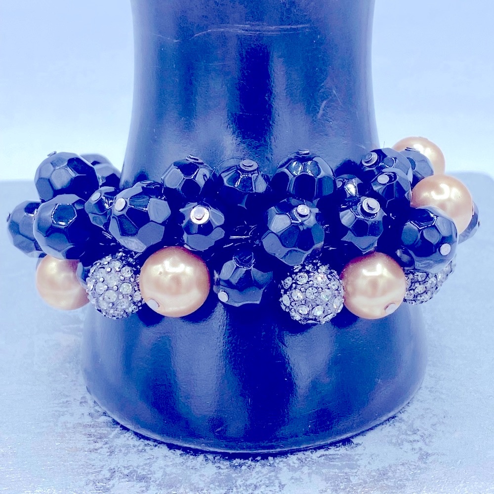 Black Faceted Glass Beads, Faux Gold Pearls And Rhinestone Cha Cha Bracelet